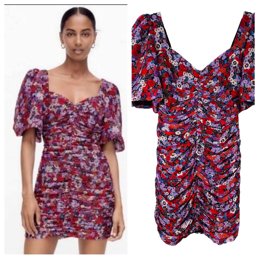 Zara Puff Sleeve Red Floral Ruched Mini Dress
